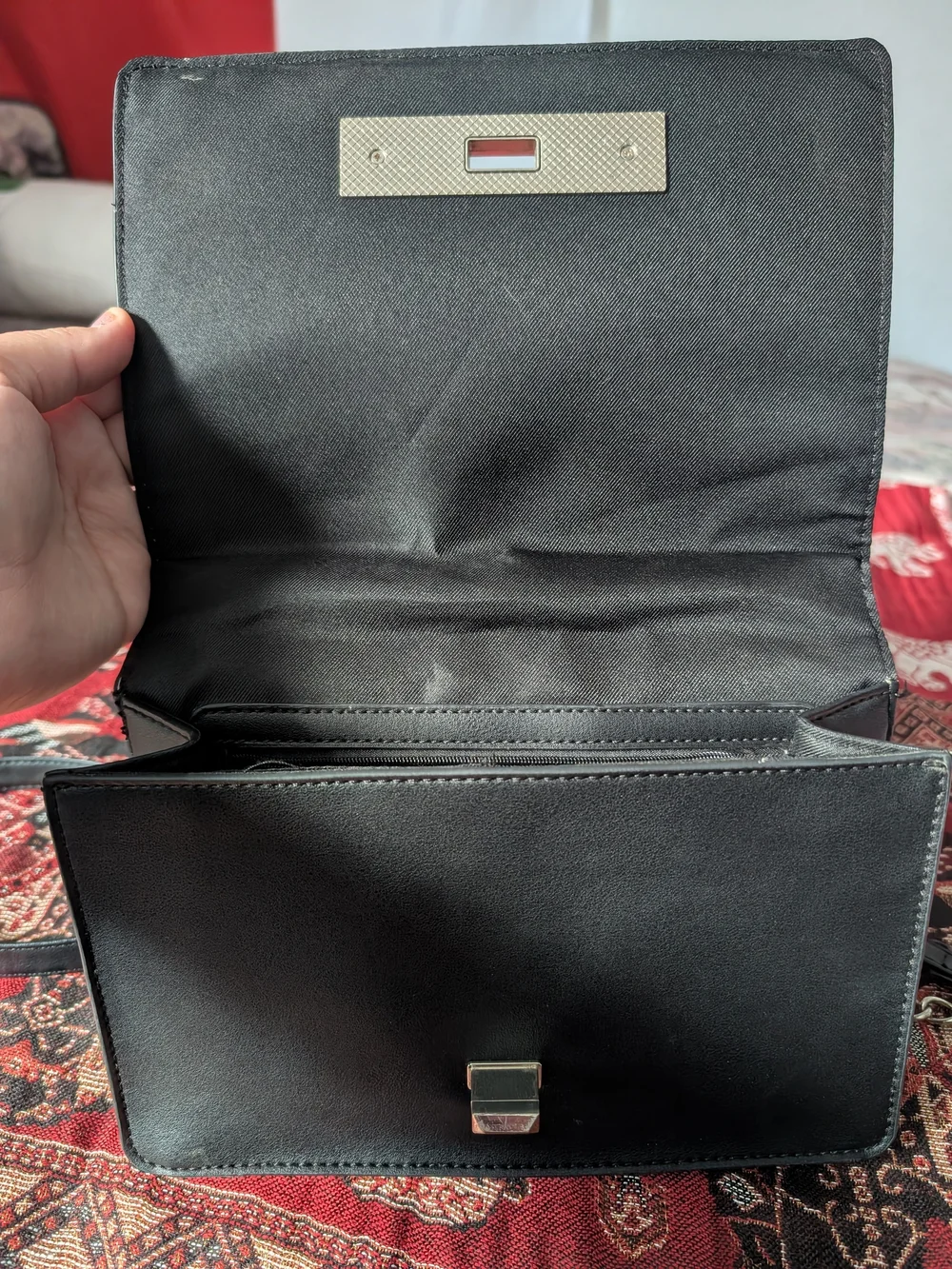Black Embossed Leather Crossbody Bag with Red Floral Embroidery